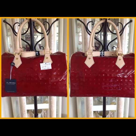 NWT ARCADIA RED PATENT LEATHER BOSTON HANDBAG - Picture 2 of 4